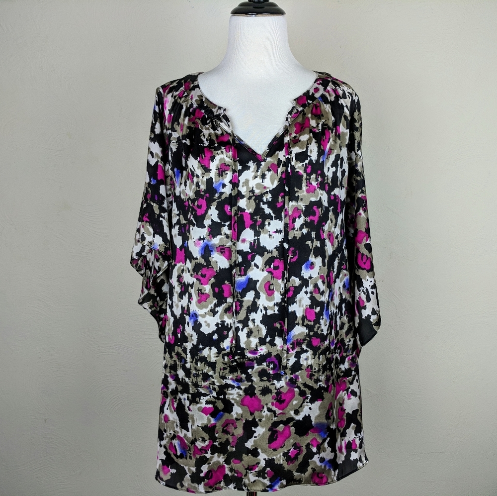 Nicole by Nicole Miller Top Abstract Floral Watercolor Boho Black Purple Gray
